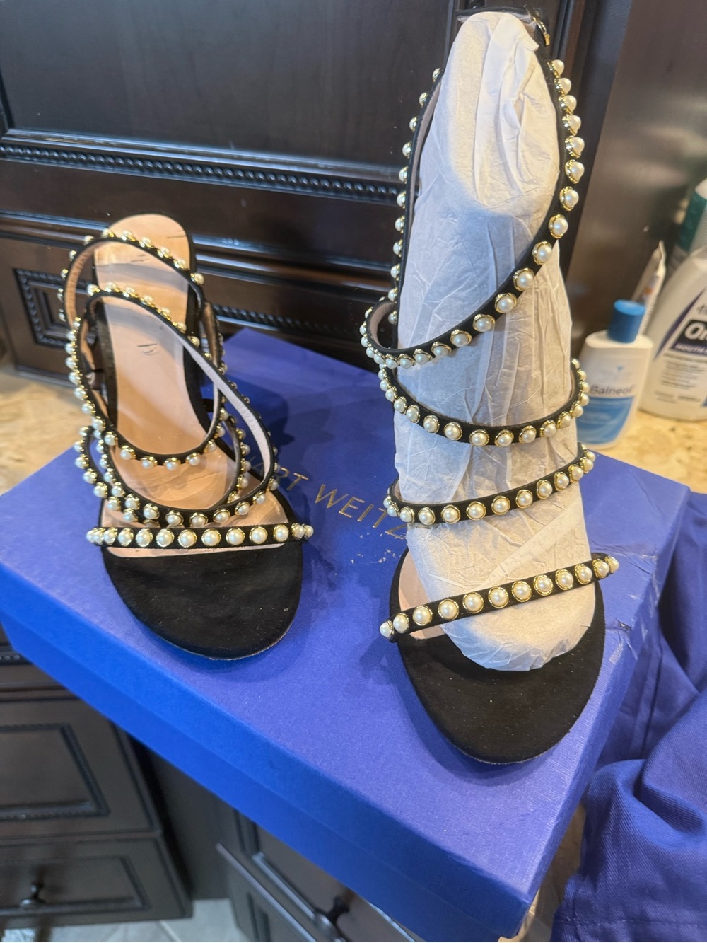 Stuart Weitzman Black Pearl-Embellished Strappy Heels